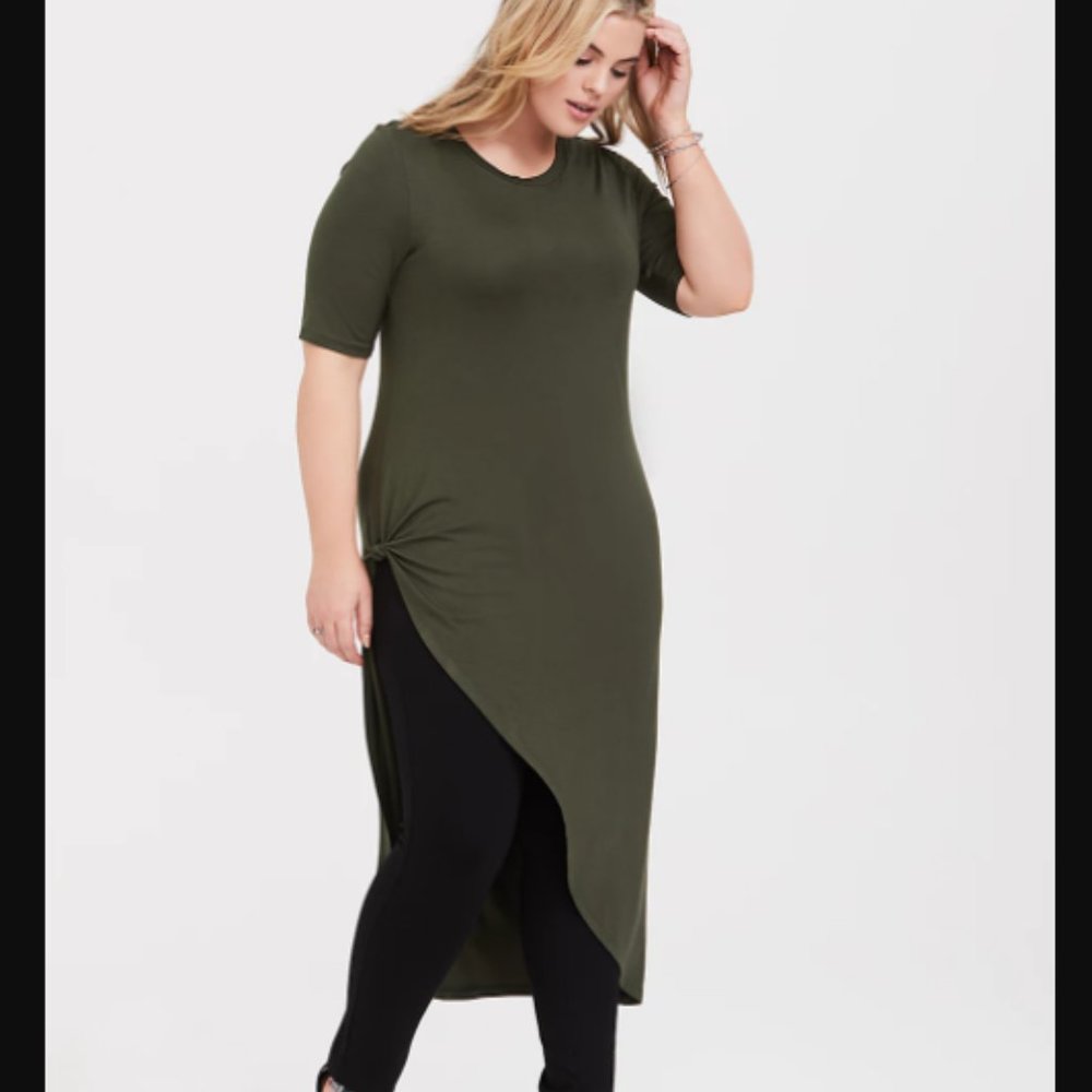 OLIVE KNOTTED ASYMMETRICAL TUNIC, TORRID SZ 1